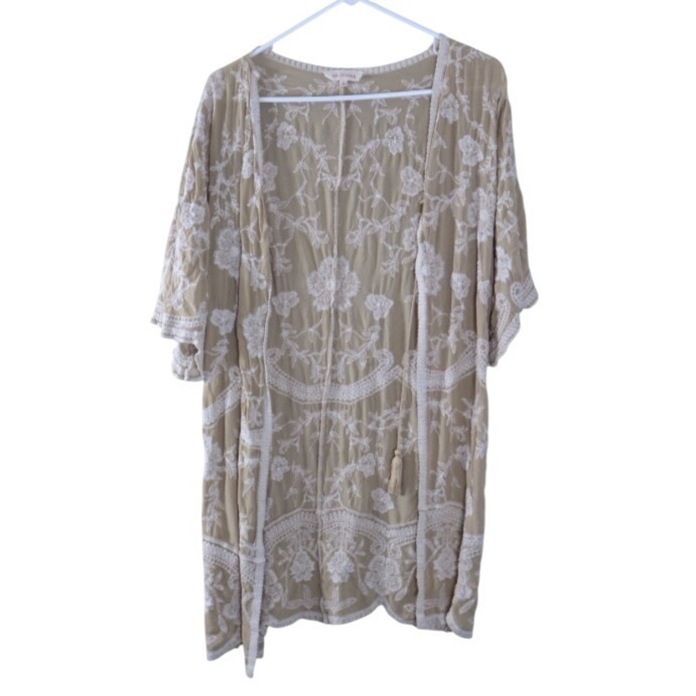 Solitaire L Ivory Embroidered Kimono Floral Crochet Boho Duster Cardigan Coverup